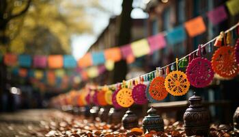 ai generado un fila de vibrante linternas simbolizar este asiático tradiciones generado por ai foto