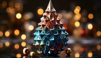 AI generated Christmas tree decorated with colorful ornaments and glowing lights generated by AI photo