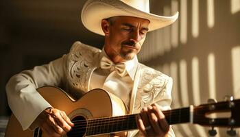 ai generado uno hombre jugando un acústico guitarra, al aire libre, con confianza generado por ai foto