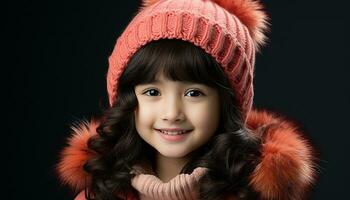 AI generated Smiling child in winter portrait, cheerful girls in warm clothing generated by AI photo