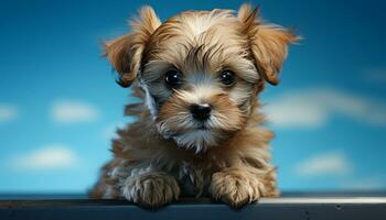 AI generated Cute puppy sitting, looking at camera, fluffy fur, playful nature generated by AI photo