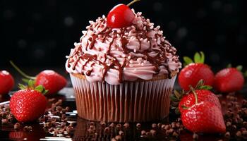 AI generated Freshness and indulgence on a plate, a gourmet cupcake temptation generated by AI photo