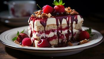 AI generated Homemade gourmet dessert Fresh berry cheesecake on wooden plate generated by AI photo