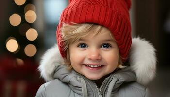 AI generated Smiling cute child in winter, cheerful and happy outdoors generated by AI photo