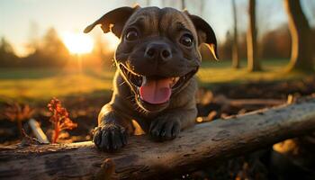 AI generated Cute puppy sitting in grass, looking at camera, enjoying nature generated by AI photo