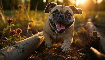 AI generated Cute bulldog puppy sitting outdoors, looking at camera, enjoying nature generated by AI photo