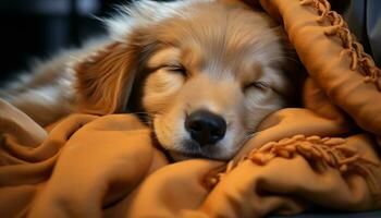 AI generated Cute puppy sleeping, fluffy fur, cozy bed, purebred golden retriever generated by AI photo