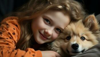 AI generated Smiling child embraces cute puppy, pure joy and togetherness generated by AI photo