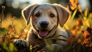 AI generated Cute puppy playing in the grass, enjoying the autumn sunlight generated by AI photo