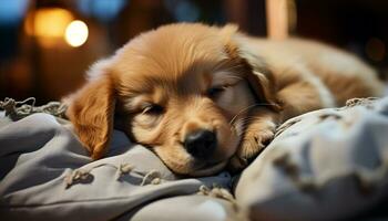 AI generated Cute puppy sleeping, purebred retriever, comfortable indoors, surrounded by love generated by AI photo