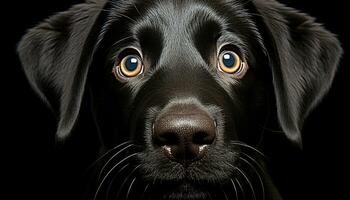 AI generated Cute puppy sitting, looking at camera, black background, fluffy fur generated by AI photo