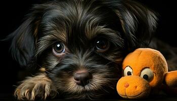 AI generated Cute puppy sitting, looking at camera, black background, fluffy fur generated by AI photo