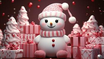 AI generated Winter celebration snowman decoration brings cute, cheerful, snowy happiness generated by AI photo