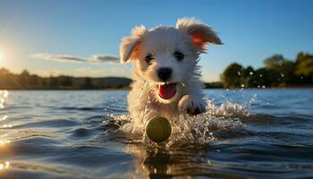 ai generado linda perrito jugando con juguete pelota en mojado césped generado por ai foto