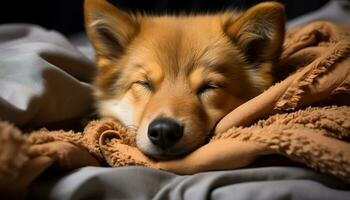 AI generated Cute puppy sleeping on a fluffy pillow, indoors, comfortable and cozy generated by AI photo