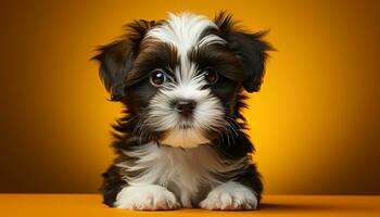 AI generated Cute puppy sitting, looking at camera, fluffy fur, white background generated by AI photo