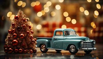 AI generated Old fashioned car decorated with shiny Christmas lights, transporting gifts indoors generated by AI photo