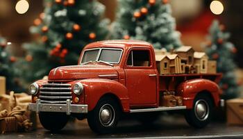 ai generado antiguo pasado de moda camión entregando regalo, nieve cubierto Navidad árbol, iluminado decoración generado por ai foto