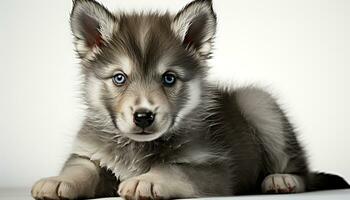 AI generated Cute puppy sitting, looking at camera, fluffy fur, blue eyes generated by AI photo