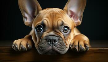 AI generated Cute French bulldog puppy sitting, looking at camera indoors generated by AI photo