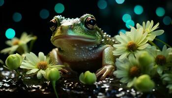 AI generated A cute toad sitting on a wet leaf in the forest generated by AI photo