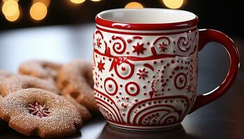 AI generated Homemade cookie on table, hot cocoa warms winter celebration generated by AI photo