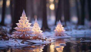 ai generado brillante pino árbol ilumina invierno celebracion en el bosque generado por ai foto