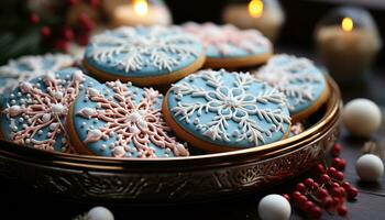 AI generated Homemade chocolate snowflake cookies, a winter celebration on a plate generated by AI photo