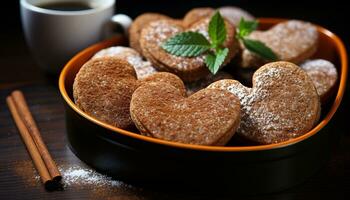 AI generated Homemade heart shaped cookies on wooden table, a sweet indulgence generated by AI photo