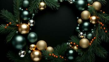 AI generated Christmas tree decoration with gold ornaments on snowy background generated by AI photo