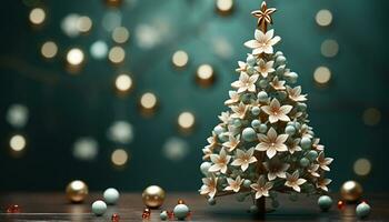 AI generated Christmas tree glowing with shiny ornaments, winter celebration illuminated generated by AI photo