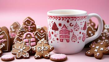 AI generated Homemade gingerbread cookies, snowman and hot chocolate winter indulgence generated by AI photo