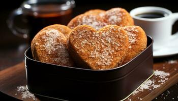 AI generated Homemade heart shaped cookies on rustic wooden table, a sweet indulgence generated by AI photo