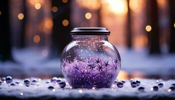 AI generated Winter celebration glowing jar illuminates nature abstract gift generated by AI photo