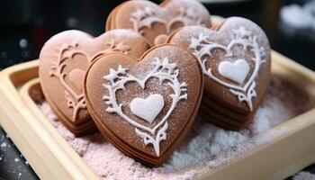 ai generado hecho en casa corazón conformado chocolate galletas, un dulce invierno indulgencia generado por ai foto