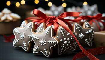 AI generated Homemade gingerbread cookies, decorated with icing and candy, on a wooden plate generated by AI photo