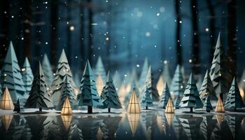 ai generado invierno celebracion nieve cubierto árbol, naturaleza decoración, iluminado con creatividad generado por ai foto