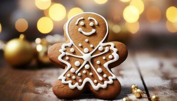 ai generado hecho en casa pan de jengibre galletas Decorar el mesa, trayendo invierno animar generado por ai foto