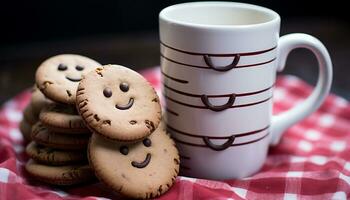 ai generado hecho en casa chocolate chip Galleta en mesa, Leche en café taza generado por ai foto