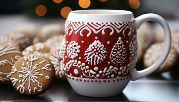 AI generated Hot chocolate, cookies, and snowflakes decorate the winter table generated by AI photo