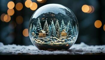 AI generated Winter night snow, decoration, celebration Tree season, snowflake backgrounds illuminated generated by AI photo