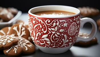 AI generated Hot drink on wooden table coffee cup, cookie, chocolate generated by AI photo