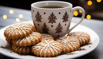 AI generated Homemade hot chocolate, marshmallow, and cookie stack on table generated by AI photo