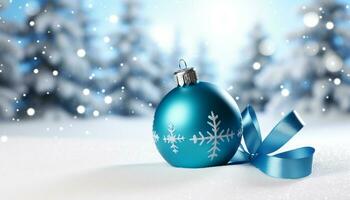 AI generated Winter celebration snow, blue background, snowflake, shiny Christmas ornament, gift generated by AI photo