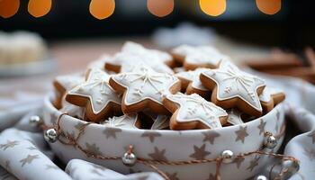 ai generado hecho en casa pan de jengibre galletas Decorar el festivo Navidad árbol generado por ai foto