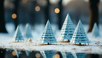 ai generado invierno celebracion nieve cubierto árbol, naturaleza decoración, iluminado noche al aire libre generado por ai foto