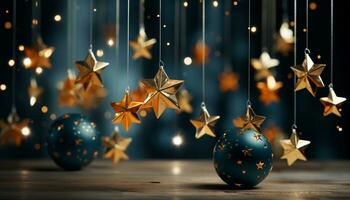 AI generated Glowing Christmas ornament illuminates winter night, shining on wood generated by AI photo
