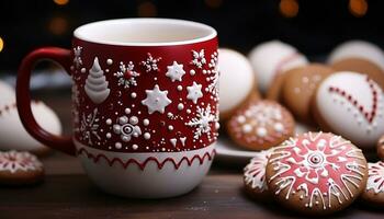 ai generado hecho en casa chocolate galletas Decorar invierno celebracion mesa con copo de nieve antecedentes generado por ai foto