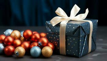 AI generated A shiny blue ornament wrapped in colorful wrapping paper generated by AI photo