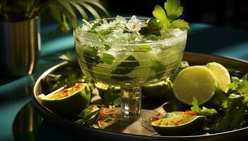 AI generated Refreshing summer cocktail with lime, lemon, and fresh mint leaves generated by AI photo